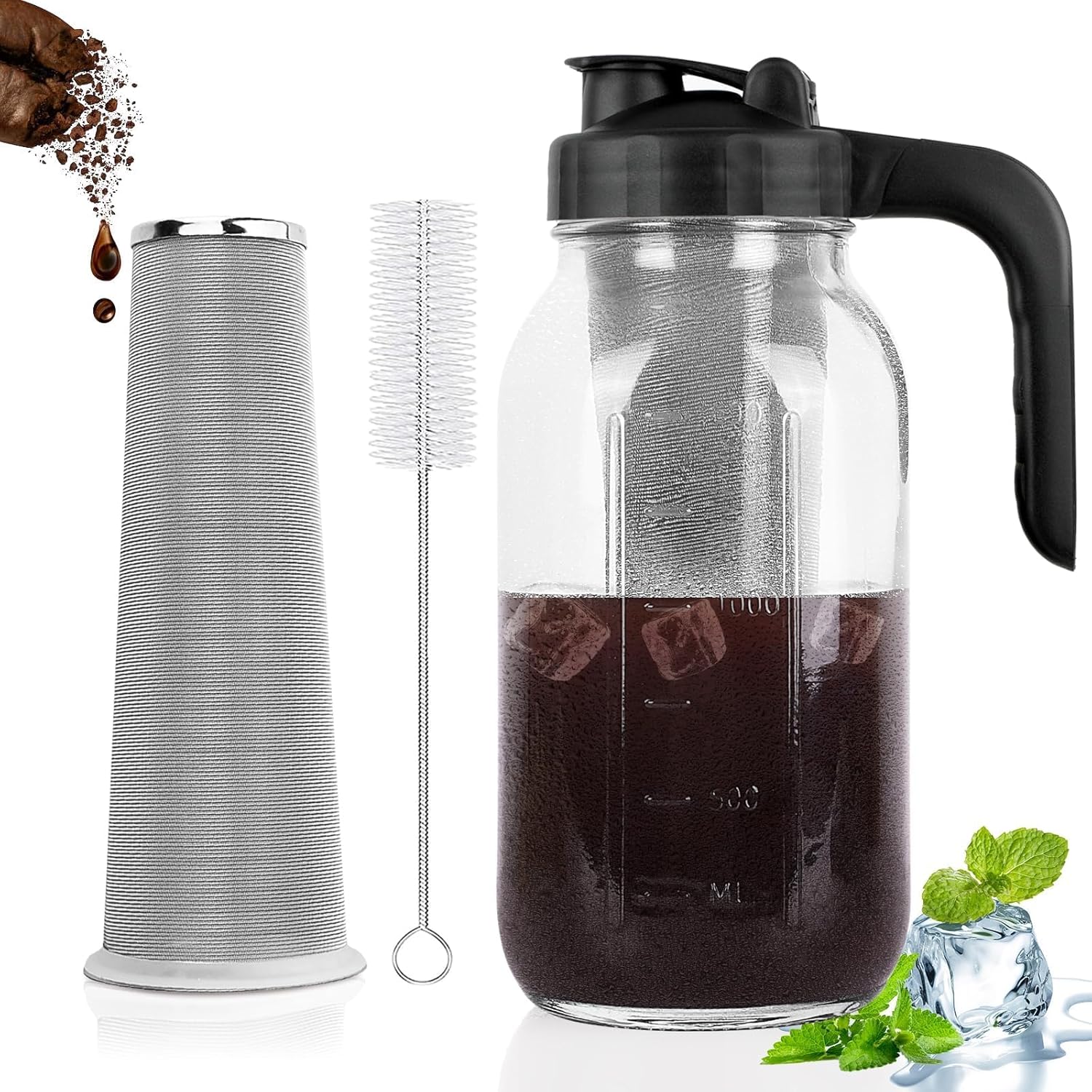 Cold Brew Coffee Maker Pitcher, 64 Oz Heavy Duty Glass Mason Jar Pitcher with V-shaped Pour Spout Handle Lid,Stainless Steel Filter for Iced Coffee,Iced tea,Fruit Drinks,lemonade – Black Cold Brew Coffee Maker Pitcher, 64 Oz Heavy Duty Glass Mason Jar Pitcher with V-shaped Pour Spout Handle Lid,Stainless Steel Filter for Iced Coffee,Iced tea,Fruit Drinks,lemonade – Black