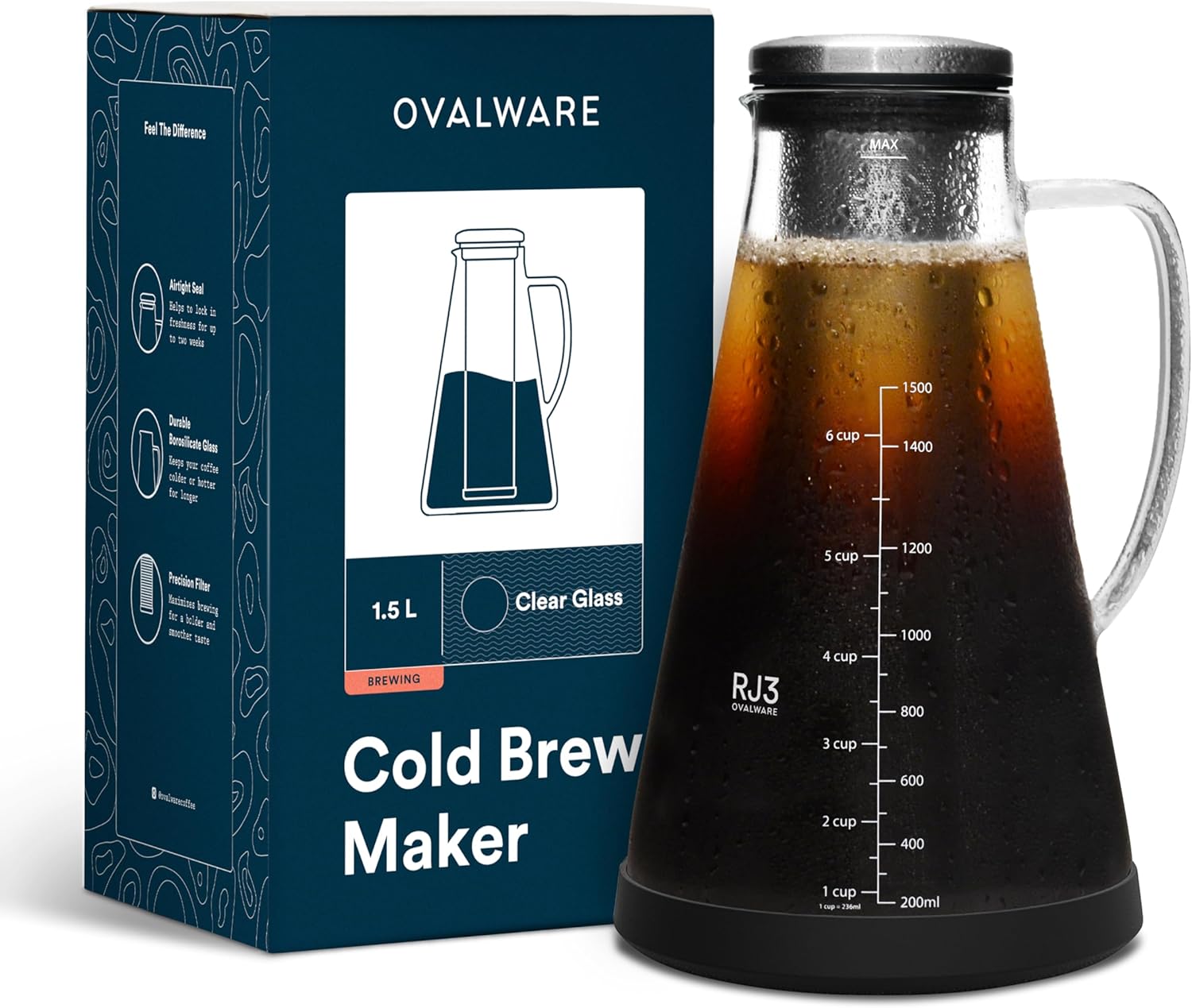 OVALWARE Airtight Cold Brew Iced Coffee Maker Pitcher (& Iced Tea Maker) with Spout – 1.5L/ 51oz Brewing Glass Carafe with Removable Stainless Steel Filter OVALWARE Airtight Cold Brew Iced Coffee Maker Pitcher (& Iced Tea Maker) with Spout – 1.5L/ 51oz Brewing Glass Carafe with Removable Stainless Steel Filter