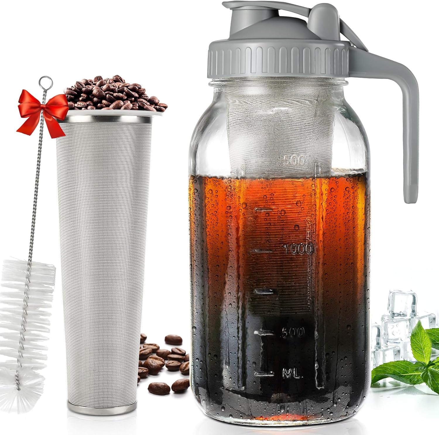Cold Brew Coffee Maker 64 oz,2-Quart Wide Mouth Thickened Cold Brew Maker with Ultra Dense Stainless Steel Filter – Mason Jar Pitcher with Lid and Spout for Coffee and Homemade Fruit Drinks(Gray)