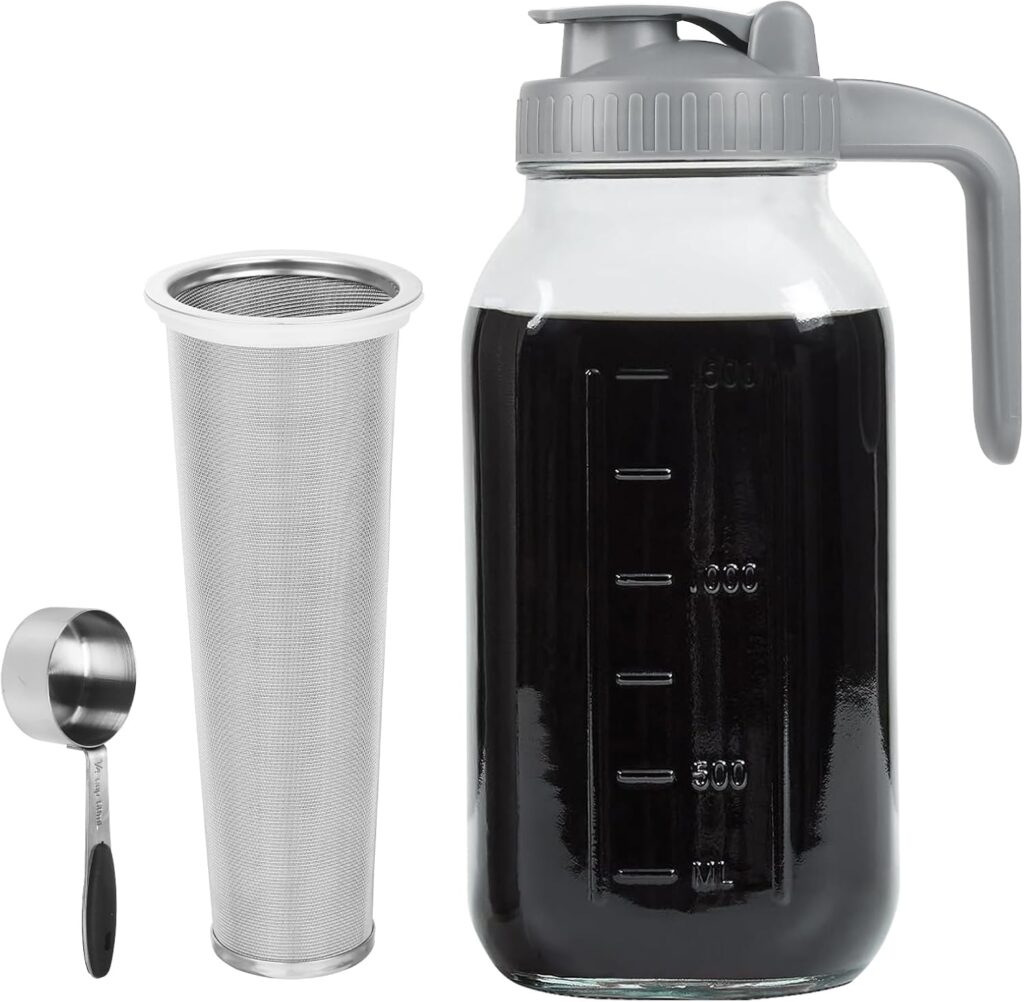 Cold Brew Coffee Maker Pitcher, 64 OZ Heavy Duty Glass Wide Mouth Mason Jar Pour Spout Airtight Lid with Stainless Steel Infuser Filter for Iced Coffee, Ice Tea, Brewed Making Cold Brew Coffee Maker Pitcher, 64 OZ Heavy Duty Glass Wide Mouth Mason Jar Pour Spout Airtight Lid with Stainless Steel Infuser Filter for Iced Coffee, Ice Tea, Brewed Making