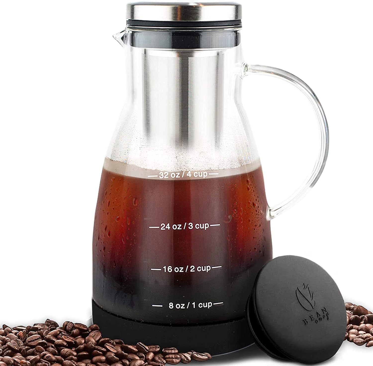 Bean Envy Cold Brew Coffee Maker – 32 oz Glass Coffee Cold Brew Maker and Pitcher w/Silicone Cap & Base