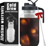 Cold Brew Mason Coffee Maker – 64oz Iced Coffee Pitcher with Stainless Steel Mixing Spoon & Super Dense Filter 3 Steps Finish Cold Brew Coffee, Classic BPA Free Sturdy Mason jar Pitcher Easy to Clean