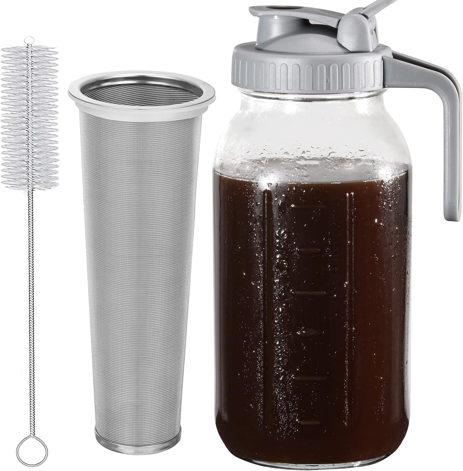 Cold Brew Coffee Maker Pitcher, 64 Oz Heavy Duty Wide Mouth Glass Mason Jar pour spout Lid with Stainless Steel Filter for Iced Coffee, Ice Lemonade, Fruit Drinks, Sun Tea Cold Brew Coffee Maker Pitcher, 64 Oz Heavy Duty Wide Mouth Glass Mason Jar pour spout Lid with Stainless Steel Filter for Iced Coffee, Ice Lemonade, Fruit Drinks, Sun Tea
