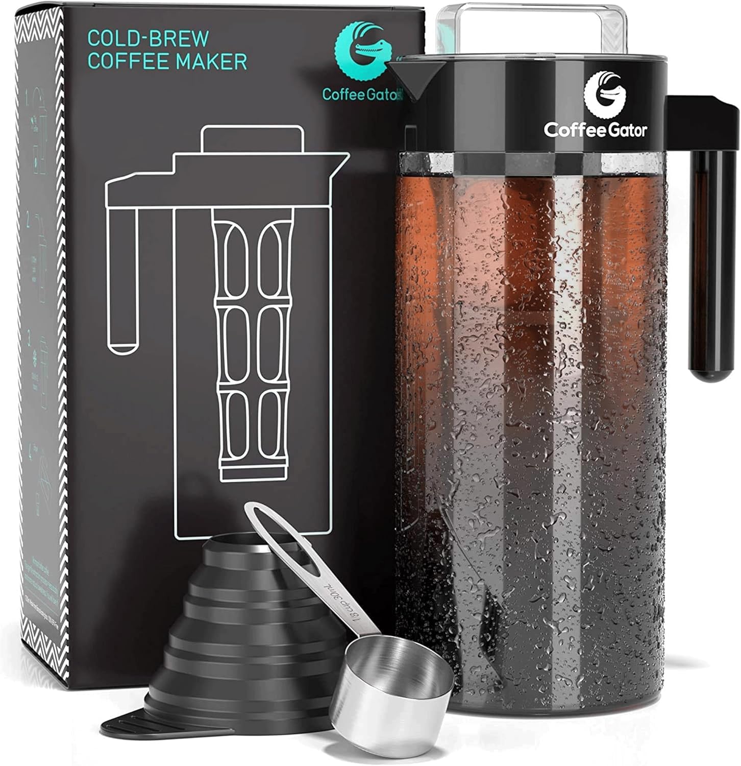 Coffee Gator Cold Brew Coffee Maker – 47 oz Iced Tea and Cold Brew Maker and Pitcher w/Glass Carafe, Filter, Funnel & Measuring Scoop – Black Coffee Gator Cold Brew Coffee Maker – 47 oz Iced Tea and Cold Brew Maker and Pitcher w/Glass Carafe, Filter, Funnel & Measuring Scoop – Black