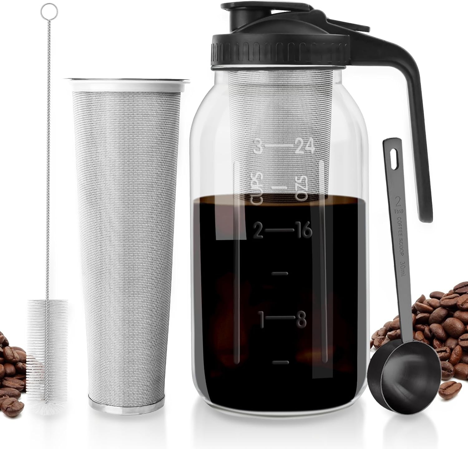 Cold Brew Coffee Maker – 64 oz Wide Mouth Mason Jar Pitcher with Stainless Steel Filter, Coffee Scoop, and Cleaning Brush -Glass Pitcher for Iced Coffee, Tea – Includes Pour Spout Handle Lid Cold Brew Coffee Maker – 64 oz Wide Mouth Mason Jar Pitcher with Stainless Steel Filter, Coffee Scoop, and Cleaning Brush -Glass Pitcher for Iced Coffee, Tea – Includes Pour Spout Handle Lid