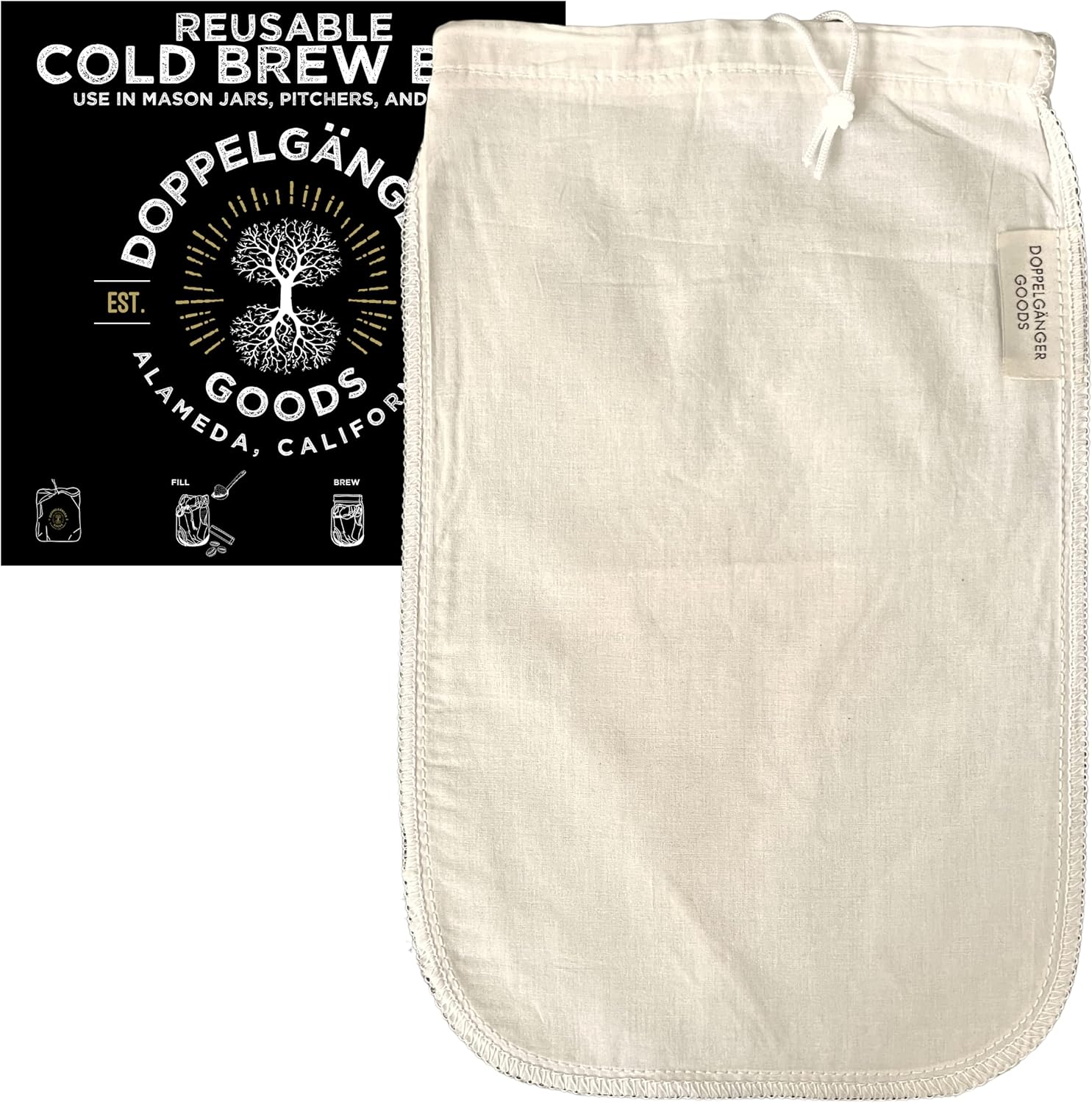 (1-Pack, Medium 8in x 12in) Organic Cotton Cold Brew Coffee Bag – Designed in California – Reusable Coffee Filter with EasyOpen Drawstring Cold Brew Maker for Pitchers, Mason Jars, & Toddy Systems