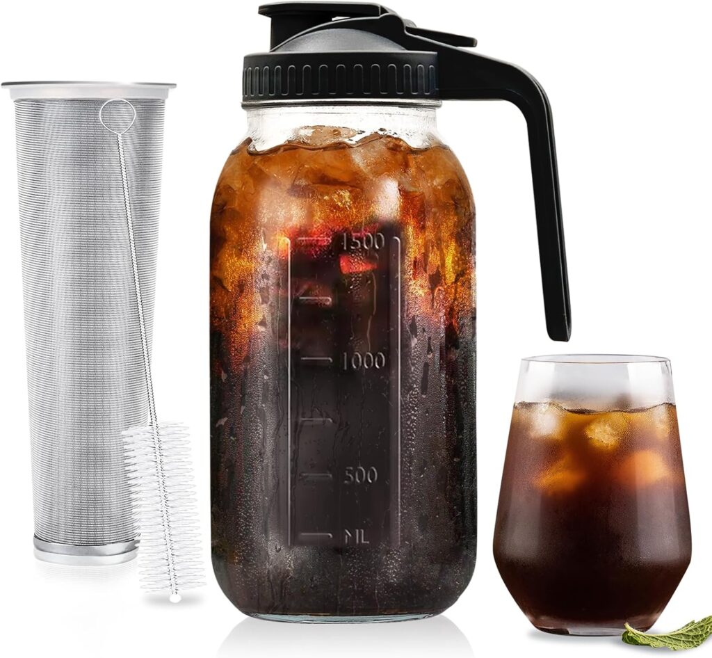 Cold Brew Coffee Maker 64 oz (2 Quart / 1.9 Liter) Mason Jar – Wide Mouth Pitcher with Handle & Stainless Steel Filter for Coffee, Iced Tea, Sun Tea, Lemonade, and Homemade Fruit Drinks Cold Brew Coffee Maker 64 oz (2 Quart / 1.9 Liter) Mason Jar – Wide Mouth Pitcher with Handle & Stainless Steel Filter for Coffee, Iced Tea, Sun Tea, Lemonade, and Homemade Fruit Drinks