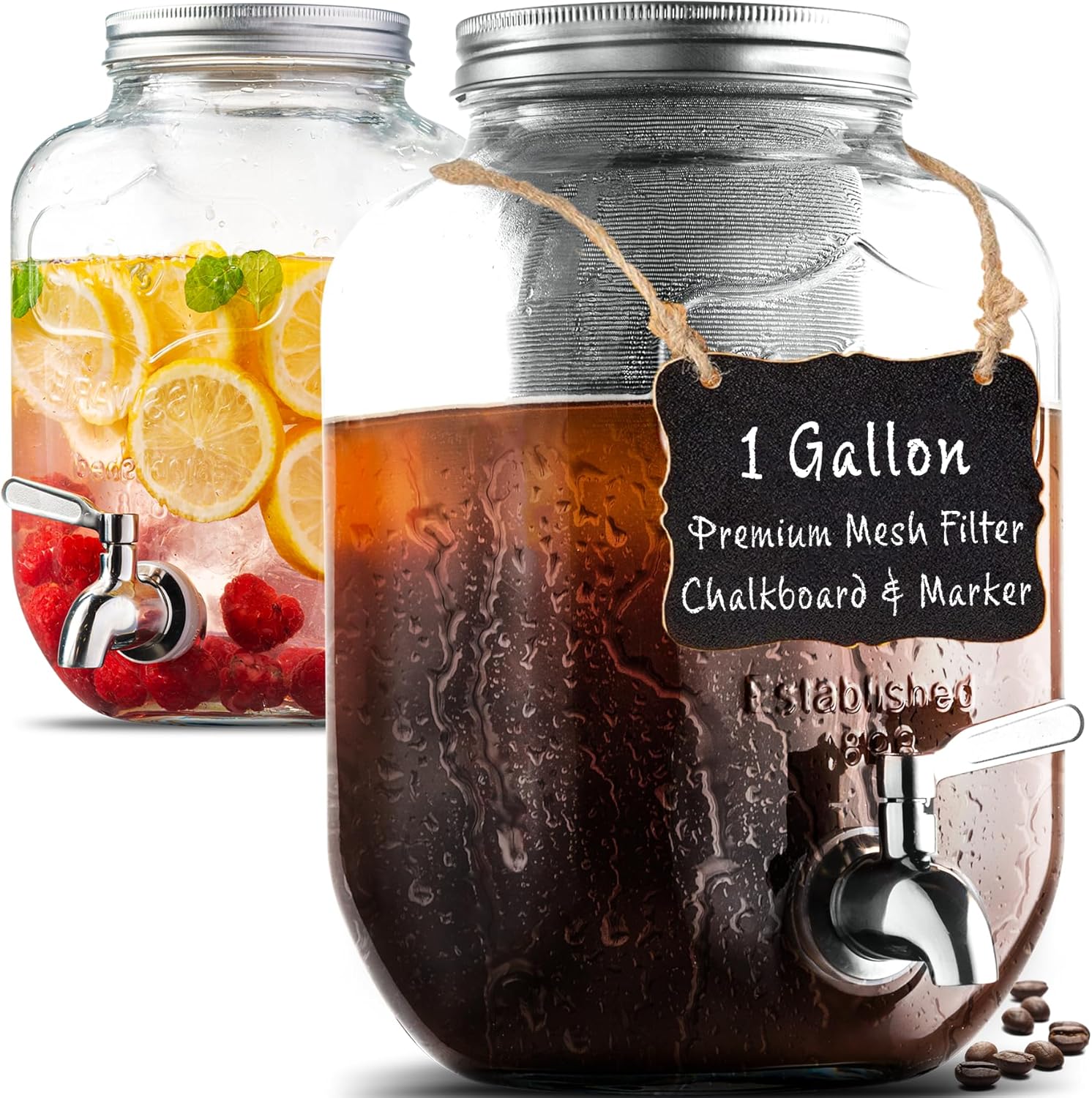 1 Gallon Cold Brew Coffee Maker – 3rd Generation Fine Mesh Filter – Stainless Steel Spigot – Extra Thick Large Glass Mason Jar Drink Dispenser Carafe, Iced Coffee Maker & Sun Tea Pitcher with Infuser. 1 Gallon Cold Brew Coffee Maker – 3rd Generation Fine Mesh Filter – Stainless Steel Spigot – Extra Thick Large Glass Mason Jar Drink Dispenser Carafe, Iced Coffee Maker & Sun Tea Pitcher with Infuser.