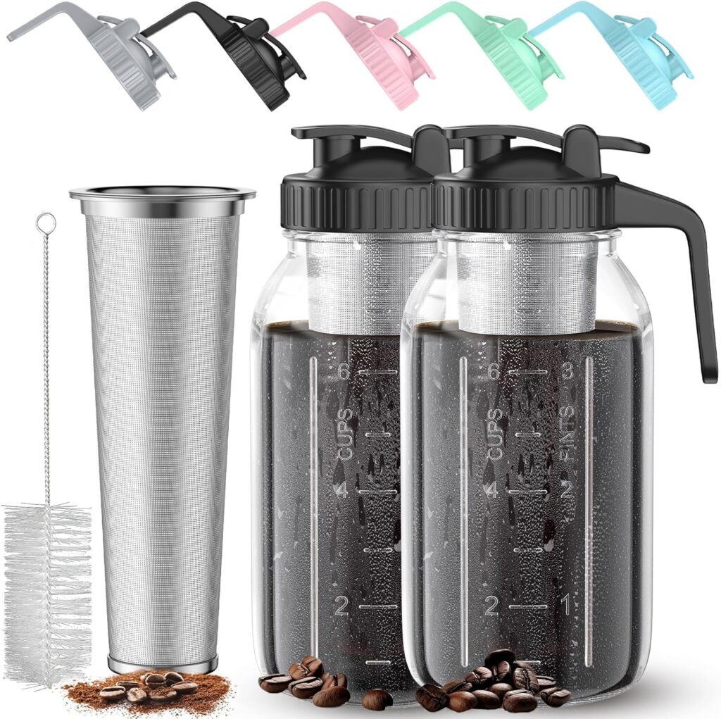 2 Pack 64 oz(2 Quart / 1.9 Liter) Cold Brew Coffee Maker Jar – Glass Cold Brew Maker with Handle, Stainless Steel Filter&Leak-Proof Lid, Heavy Duty Cold Brew Pitcher for Iced Coffee, Sun Tea, and Milk 2 Pack 64 oz(2 Quart / 1.9 Liter) Cold Brew Coffee Maker Jar – Glass Cold Brew Maker with Handle, Stainless Steel Filter&Leak-Proof Lid, Heavy Duty Cold Brew Pitcher for Iced Coffee, Sun Tea, and Milk