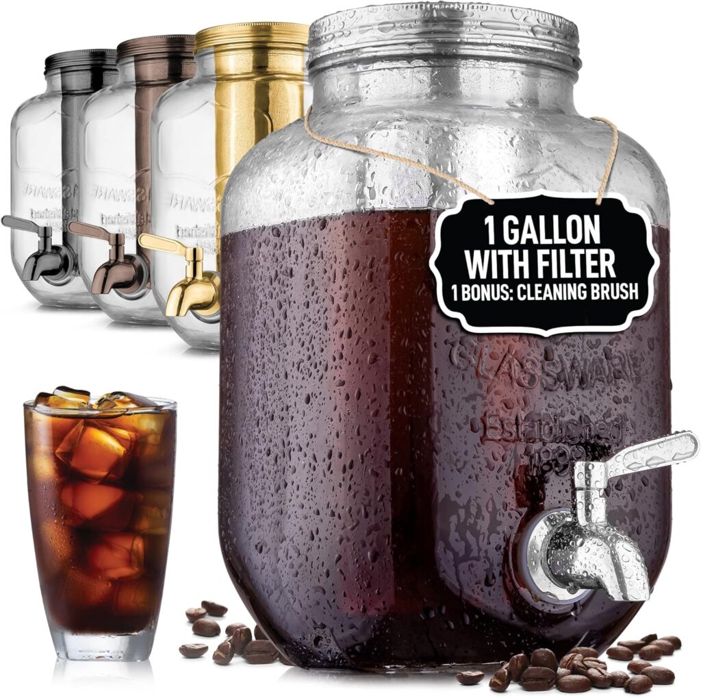 Zulay Kitchen 1 Gallon Cold Brew Coffee Maker – Thick Glass Pitcher with Stainless Steel Filter, Lid & Spout – Large Mason Jar Container Dispenser – Iced Coffee & Sun Tea Brewer for Fridge – Silver Zulay Kitchen 1 Gallon Cold Brew Coffee Maker – Thick Glass Pitcher with Stainless Steel Filter, Lid & Spout – Large Mason Jar Container Dispenser – Iced Coffee & Sun Tea Brewer for Fridge – Silver