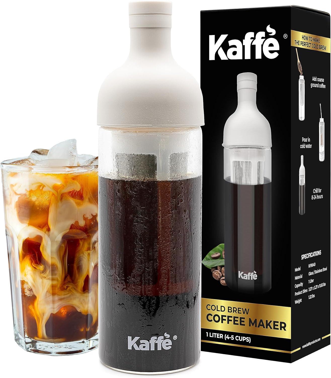 Kaffe Cold Brew Coffee Maker (38oz / 1L) – Borosilicate Glass, Airtight Seal & Dishwasher Safe – Iced Coffee Maker Bottle – Removable Mesh Filter – Up to 6 Cups of Cold Brew Coffee Kaffe Cold Brew Coffee Maker (38oz / 1L) – Borosilicate Glass, Airtight Seal & Dishwasher Safe – Iced Coffee Maker Bottle – Removable Mesh Filter – Up to 6 Cups of Cold Brew Coffee