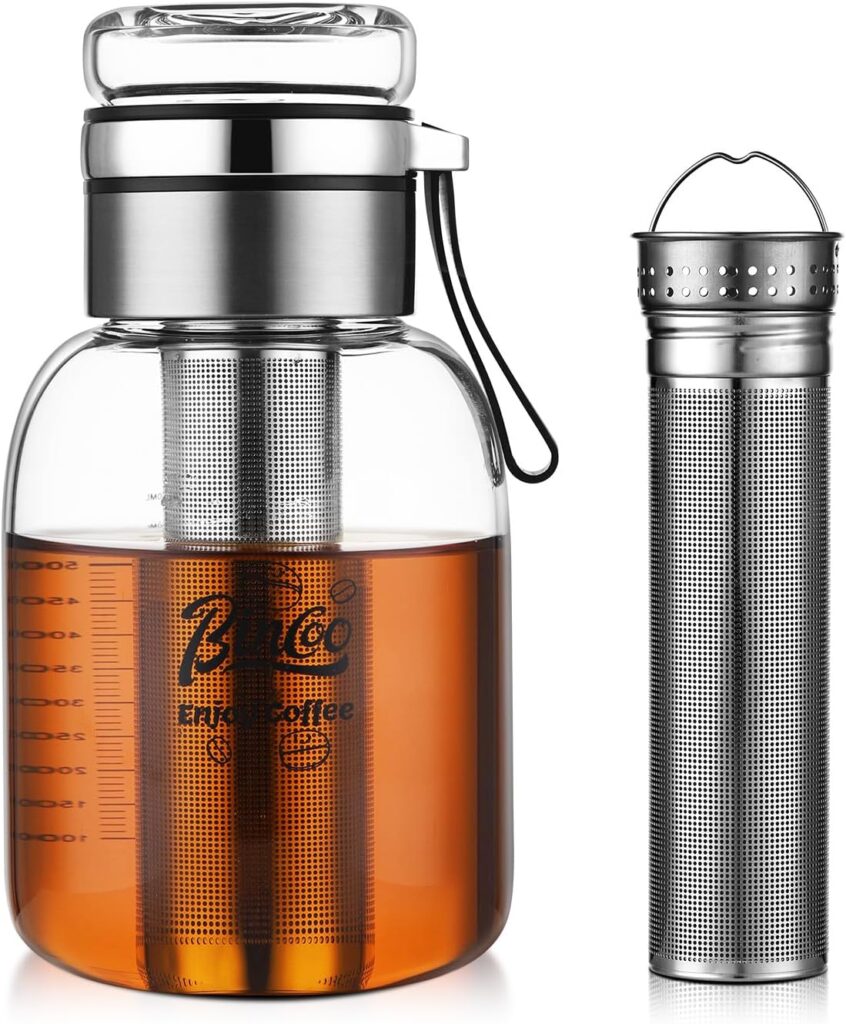 Bincoo Glass Cold Brew Coffee Maker with Extended Fine Mesh Filter, Tea Infuser Bottle Iced Coffee Maker with Thick Borosilicate Glas Bincoo Glass Cold Brew Coffee Maker with Extended Fine Mesh Filter, Tea Infuser Bottle Iced Coffee Maker with Thick Borosilicate Glas