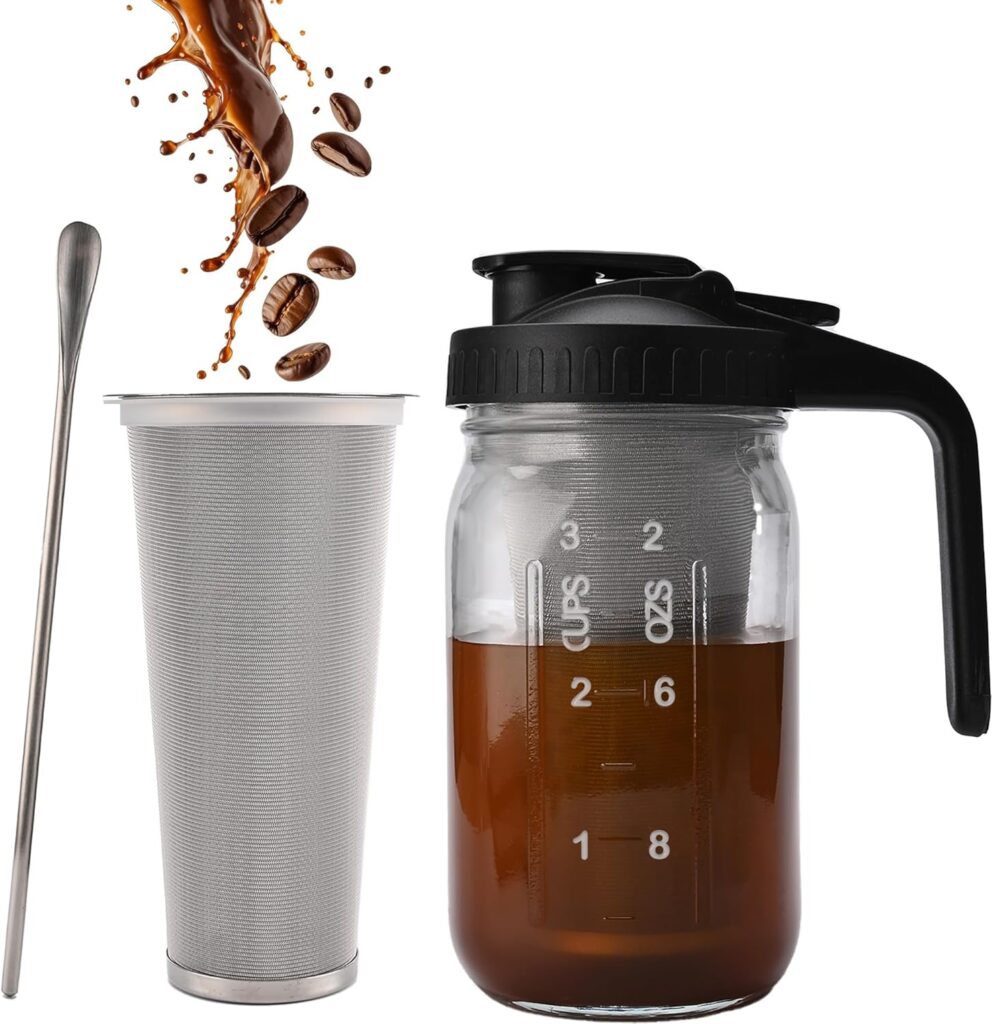 TECHSHARE Cold Brew Coffee Maker Jar 32oz – Heavy Duty Mason Pitcher with Stainless Steel Filter, Wide Mouth Spout Lid & Handle for Iced Coffee, Tea, Lemonade, and Fresh Fruit Drinks TECHSHARE Cold Brew Coffee Maker Jar 32oz – Heavy Duty Mason Pitcher with Stainless Steel Filter, Wide Mouth Spout Lid & Handle for Iced Coffee, Tea, Lemonade, and Fresh Fruit Drinks