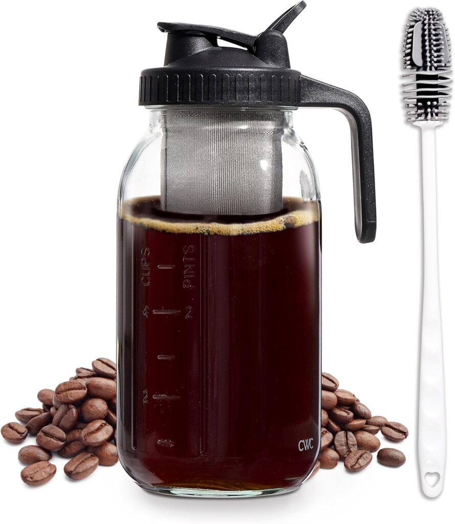 COOK WITH COLOR Cold Brew Coffee Maker – 64oz Mason Jar Pitcher with Stainless Steel Filter, Airtight Glass Jar, Pour Spout Lid & Handle, Ideal for Iced Coffee & Tea, Includes Brush, Black