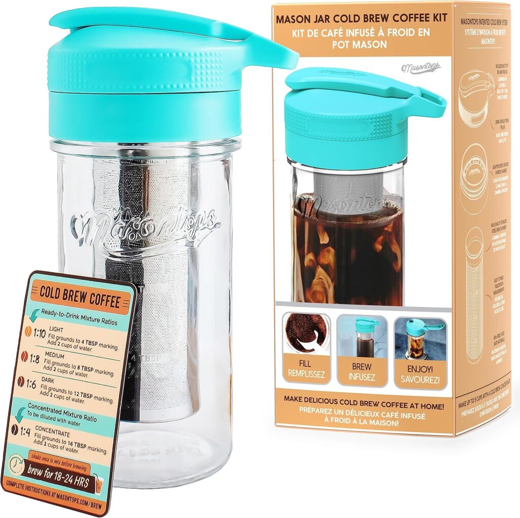 Masontops Cold Brew Makers Kit – Deluxe Iced Coffee Maker with Glass Pitcher & Stainless Steel Mesh Filter – Easy Pour Fridge Cold Brewer System Masontops Cold Brew Makers Kit – Deluxe Iced Coffee Maker with Glass Pitcher & Stainless Steel Mesh Filter – Easy Pour Fridge Cold Brewer System