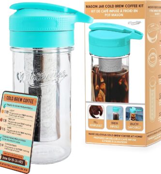 Masontops Cold Brew Makers Kit – Deluxe Iced Coffee Maker with Glass Pitcher & Stainless Steel Mesh Filter – Easy Pour Fridge Cold Brewer System