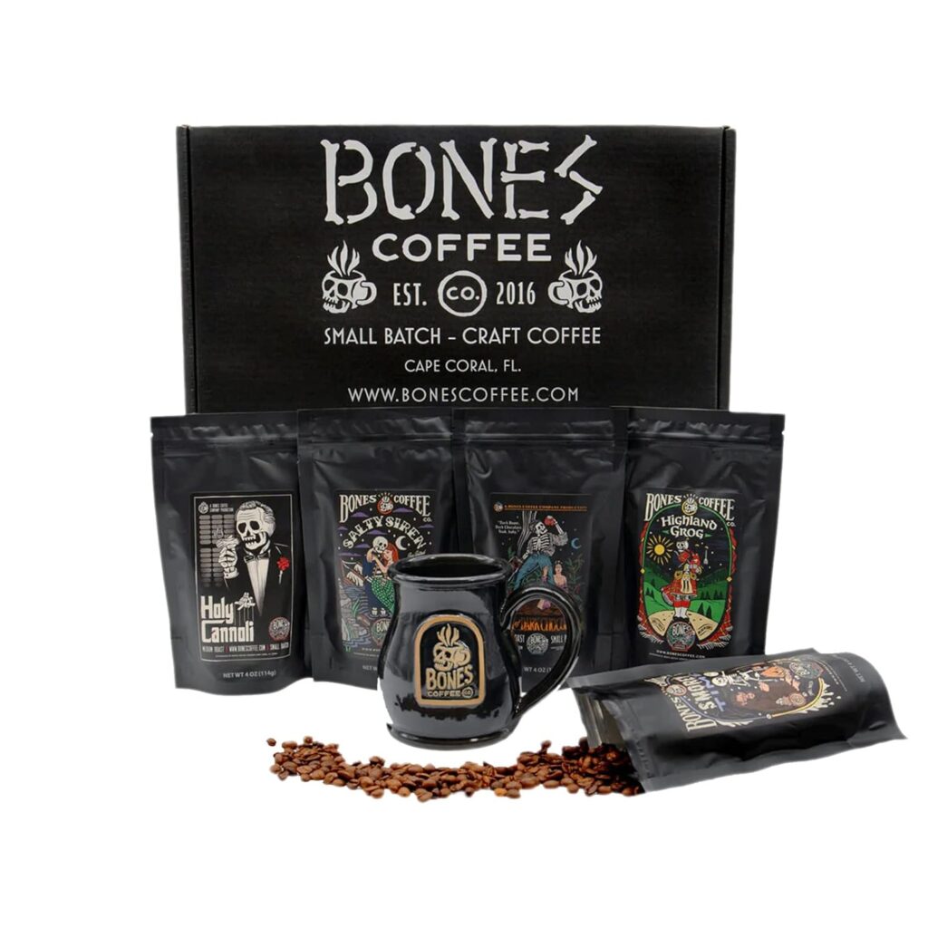 Bones Coffee Company Favorite Flavors Sample Pack Box Set with Specialty Coffee Mug, 5 Assorted Single-Origin Low Acid Medium Roast Arabica Beans Flavored Coffee Gifts, 4 oz Pack of 5 Ground Bones Coffee Company Favorite Flavors Sample Pack Box Set with Specialty Coffee Mug, 5 Assorted Single-Origin Low Acid Medium Roast Arabica Beans Flavored Coffee Gifts, 4 oz Pack of 5 Ground
